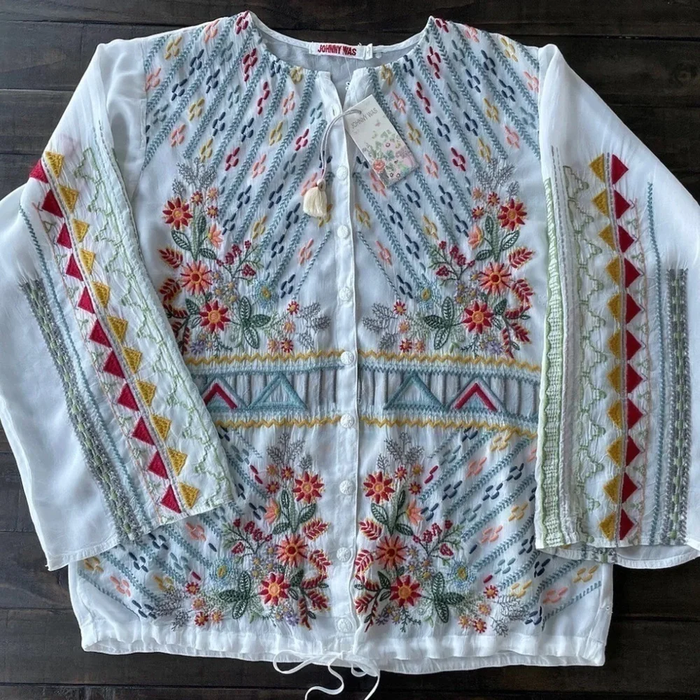 JOHNNY WAS EZRA HEAVILY EMBROIDERED BLOUSE TUNIC NWT - Picture 5 of 13